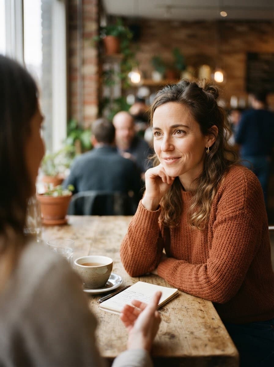 Editorial documentary photograph of an attentive, observant person looking warmly across a table