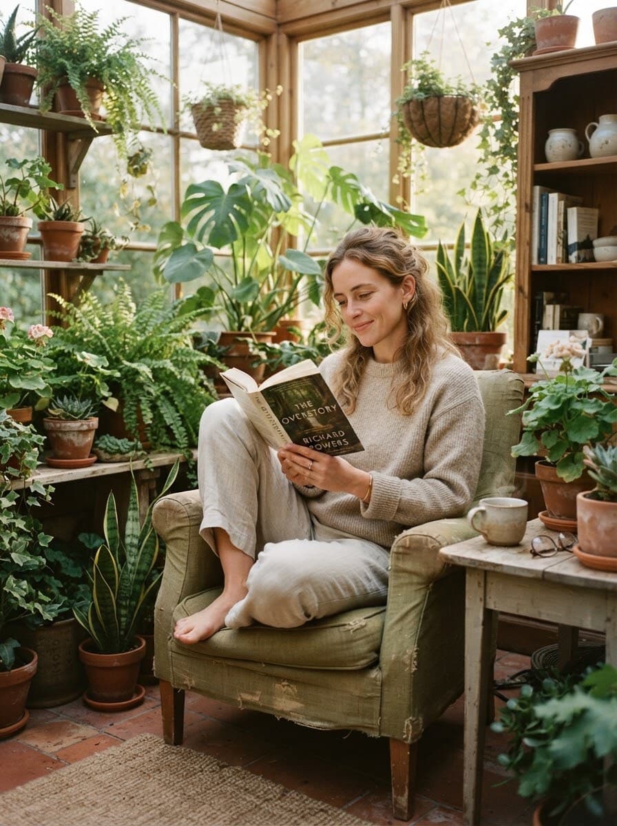 Editorial photograph of a thoughtful person reading a book in a peaceful sunroom